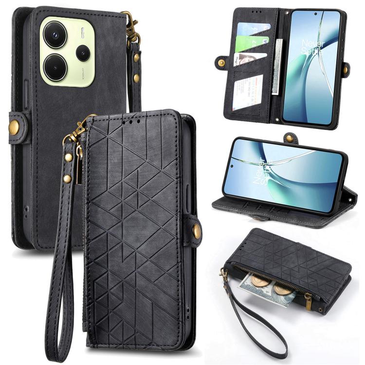 

For Redmi Note 14 4G 164.84mm Geometric Zipper Wallet Side Buckle Leather Phone Case(Black)