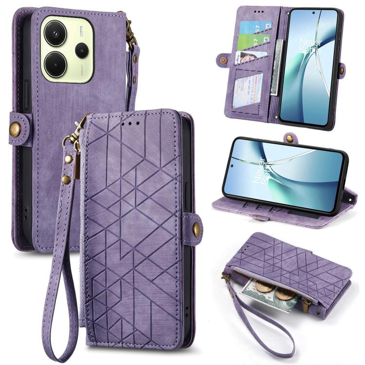 

For Redmi Note 14 4G 163.25mm Geometric Zipper Wallet Side Buckle Leather Phone Case(Purple)