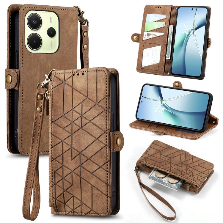 

For Redmi Note 14 4G 163.25mm Geometric Zipper Wallet Side Buckle Leather Phone Case(Brown)