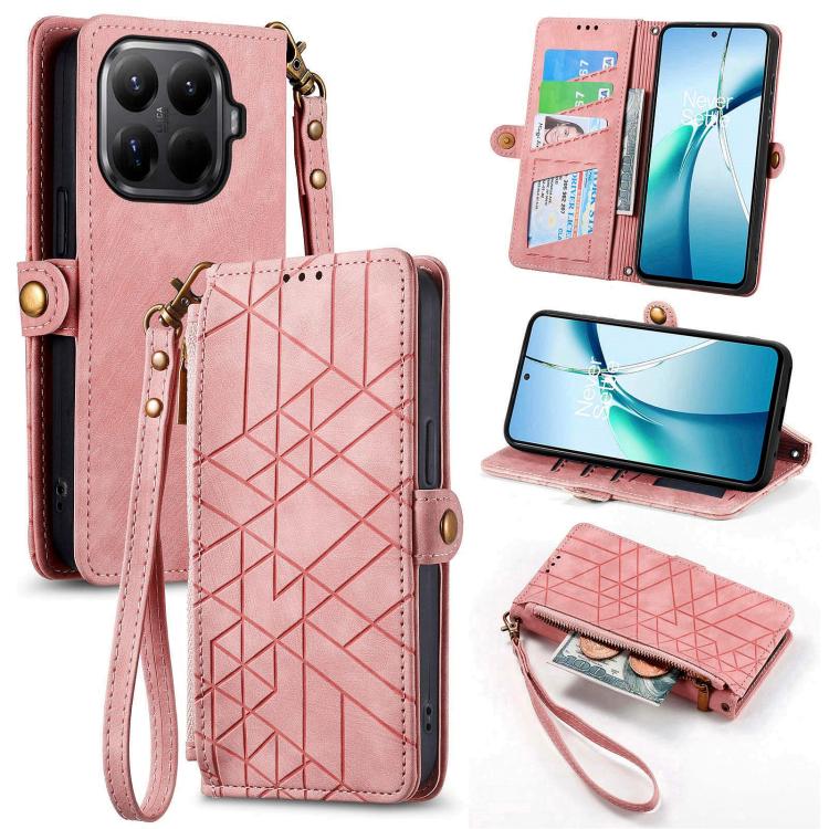 

For Xiaomi 15T Pro Geometric Zipper Wallet Side Buckle Leather Phone Case(Pink)