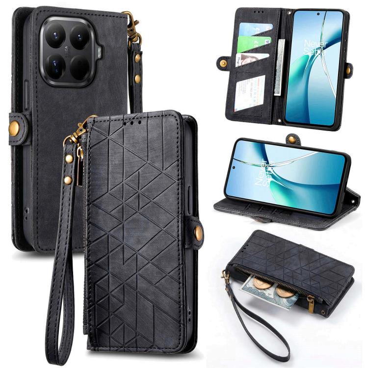 

For Xiaomi 15T Pro Geometric Zipper Wallet Side Buckle Leather Phone Case(Black)
