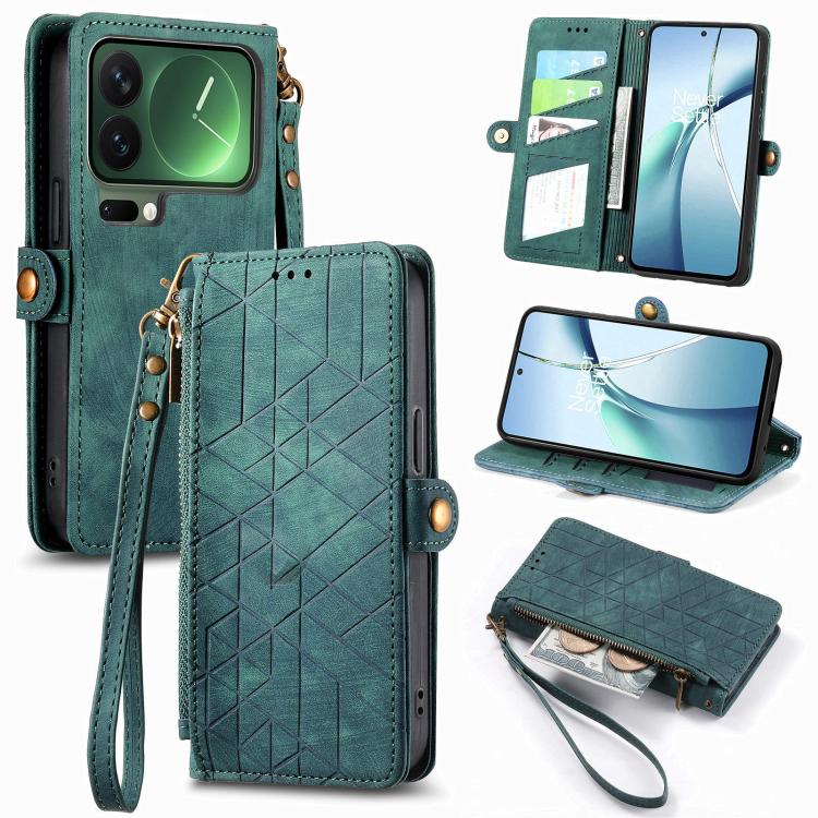 

For Xiaomi 17 Pro Geometric Zipper Wallet Side Buckle Leather Phone Case(Green)