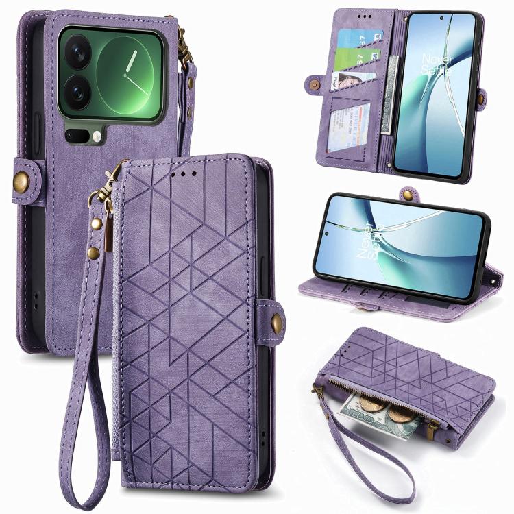 

For Xiaomi 17 Pro Geometric Zipper Wallet Side Buckle Leather Phone Case(Purple)