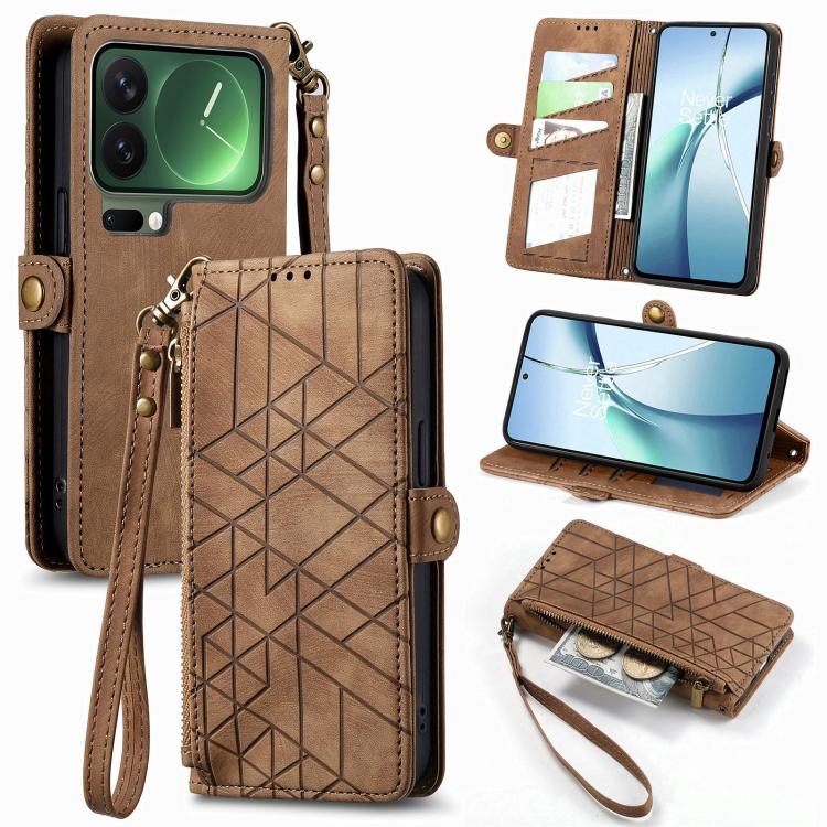

For Xiaomi 17 Pro Geometric Zipper Wallet Side Buckle Leather Phone Case(Brown)