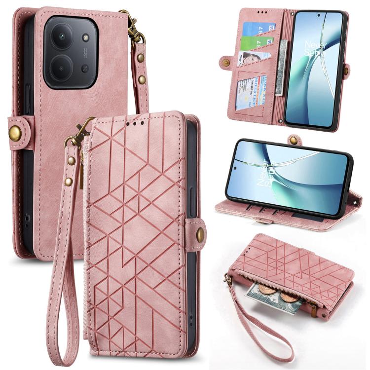 

For Redmi 15C 5G / 4G Glodal 171mm Geometric Zipper Wallet Side Buckle Leather Phone Case(Pink)