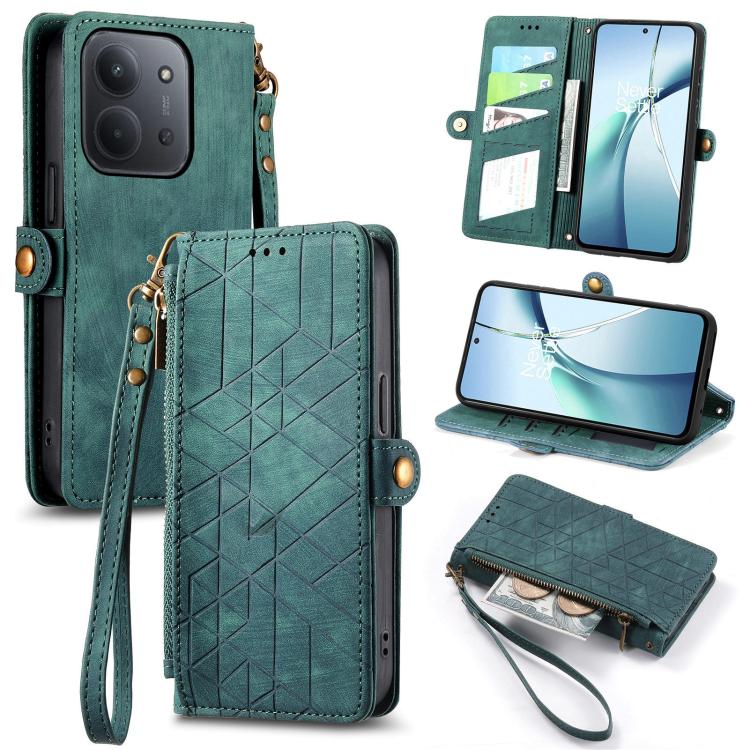 

For Redmi 15C 5G / 4G Glodal 171mm Geometric Zipper Wallet Side Buckle Leather Phone Case(Green)