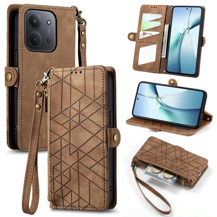 

For Redmi 15C 5G / 4G Glodal 171mm Geometric Zipper Wallet Side Buckle Leather Phone Case(Brown)