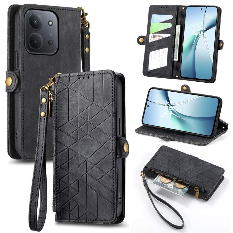 

For Redmi 15C 5G / 4G Glodal 171mm Geometric Zipper Wallet Side Buckle Leather Phone Case(Black)