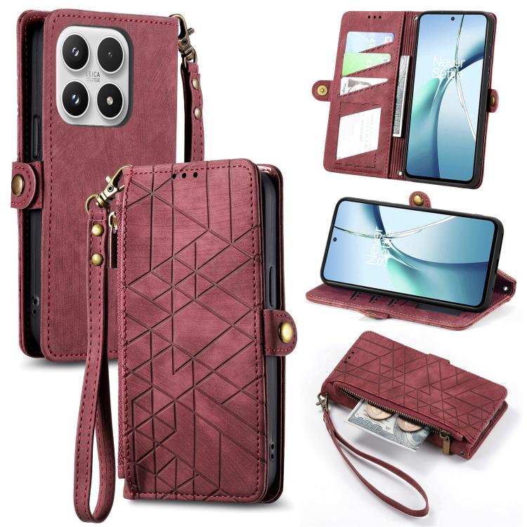 

For Xiaomi 17 Geometric Zipper Wallet Side Buckle Leather Phone Case(Red)