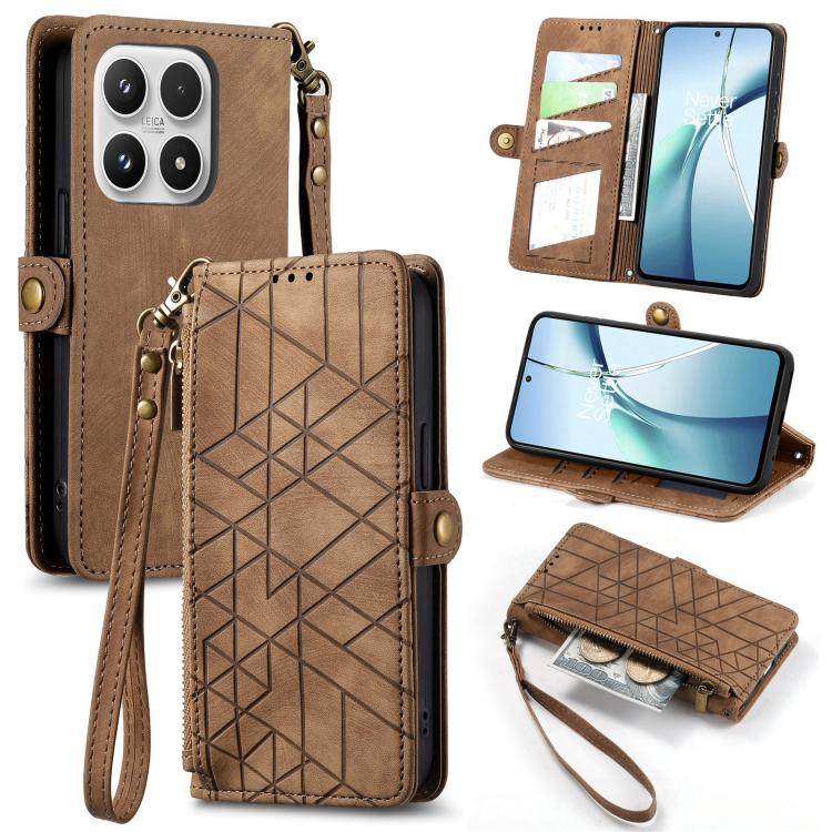 

For Xiaomi 17 Geometric Zipper Wallet Side Buckle Leather Phone Case(Brown)