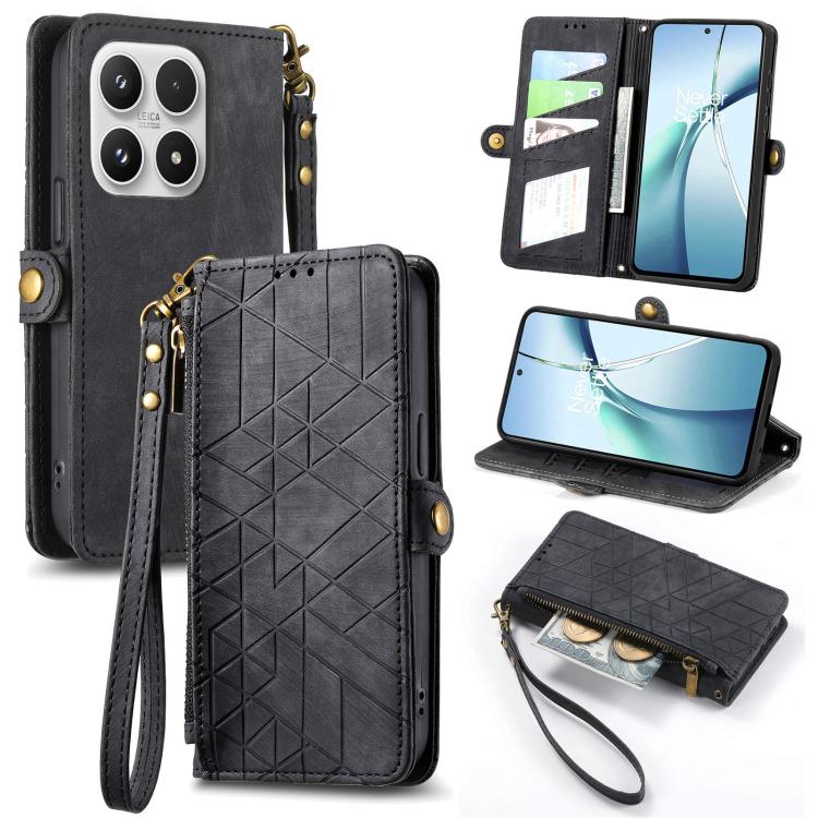 

For Xiaomi 17 Geometric Zipper Wallet Side Buckle Leather Phone Case(Black)