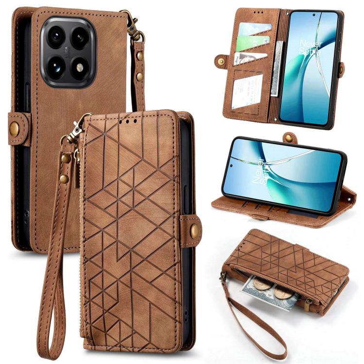 

For Xiaomi 15T Geometric Zipper Wallet Side Buckle Leather Phone Case(Brown)