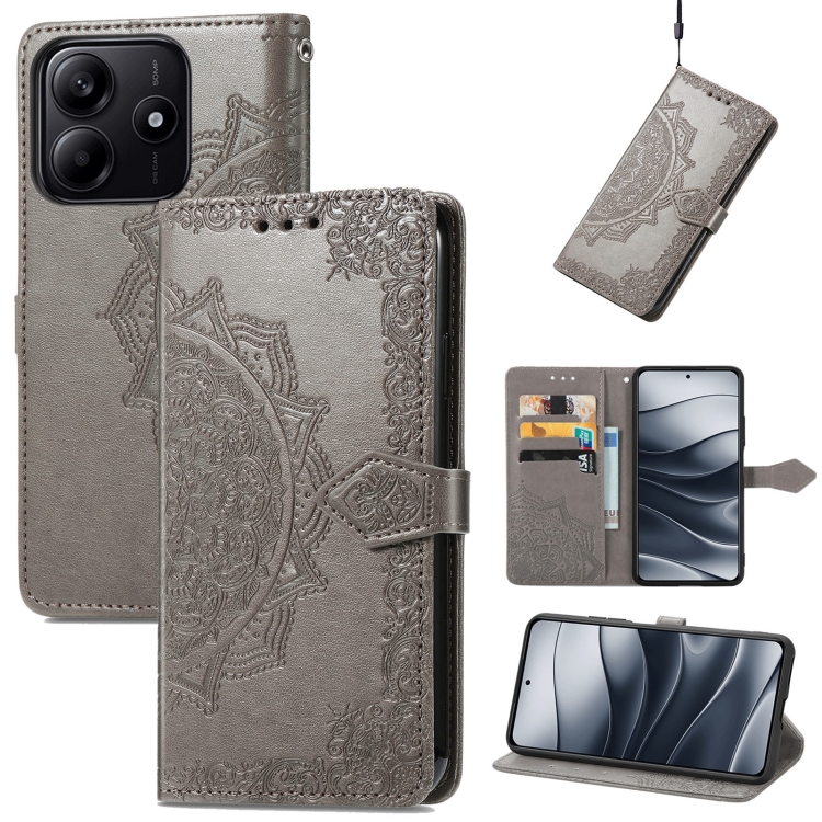 

For Xiaomi Redmi Note 14 5G Mandala Flower Embossed Leather Phone Case(Gray)