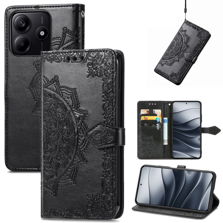 

For Xiaomi Redmi Note 14 5G Mandala Flower Embossed Leather Phone Case(Black)
