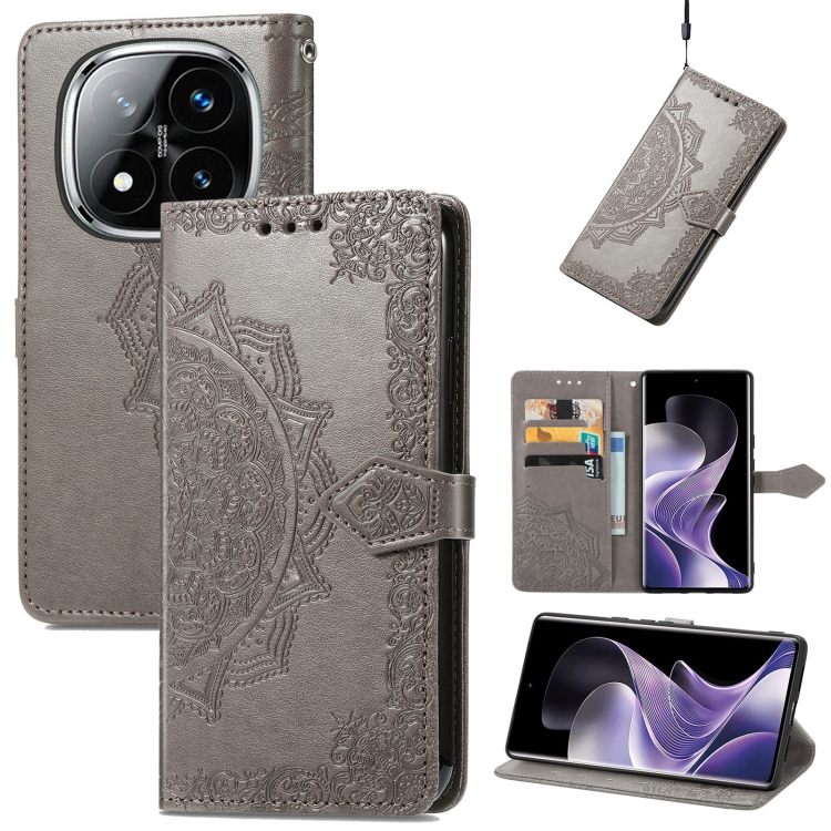 

For Xiaomi Redmi Note 14 Pro+ 5G Mandala Flower Embossed Leather Phone Case(Gray)