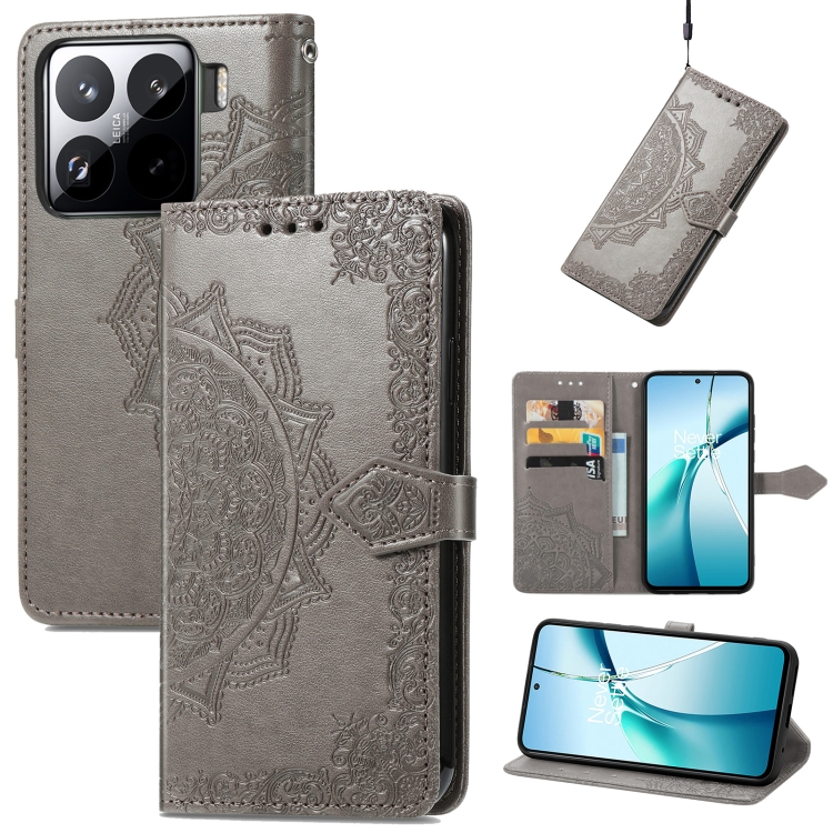 

For Xiaomi 15 Pro Mandala Flower Embossed Leather Phone Case(Gray)