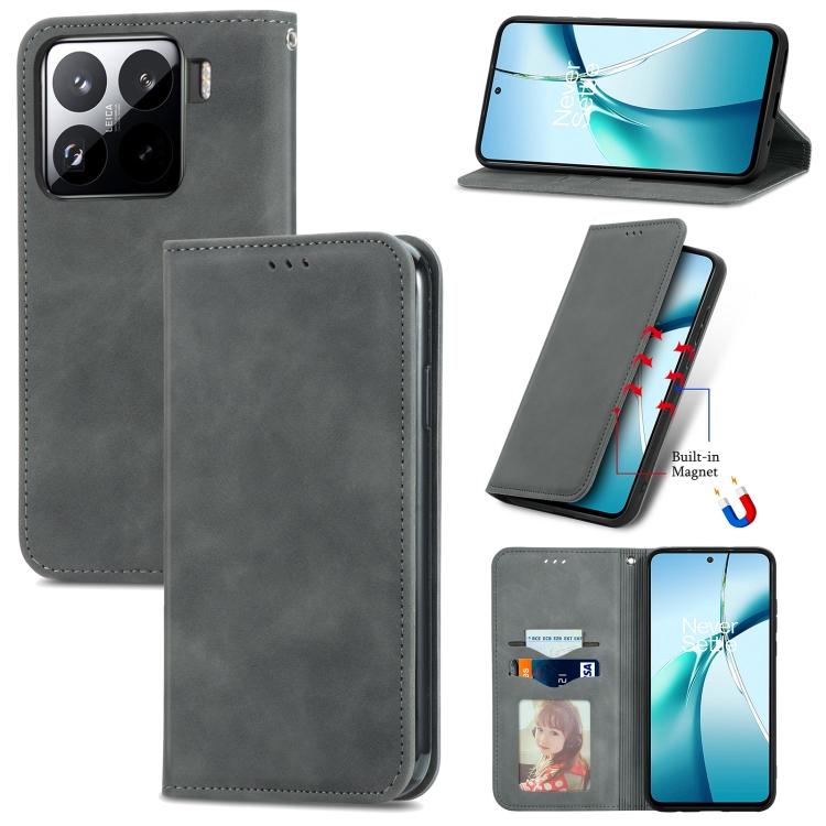 

For Xiaomi 15 Pro Retro Skin Feel Magnetic Flip Leather Phone Case(Gray)