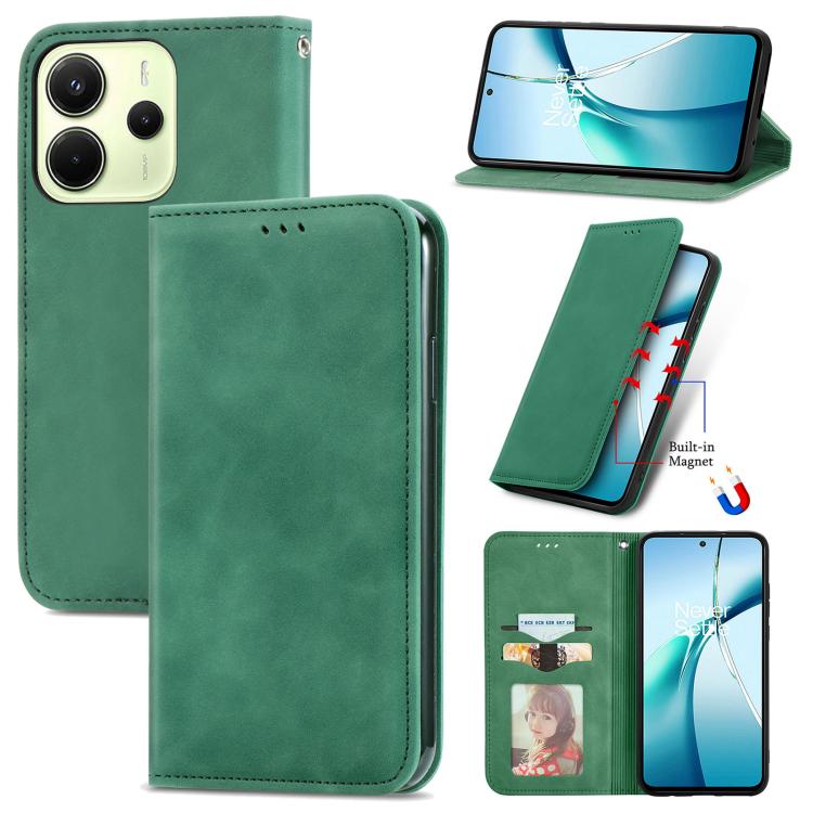 

For Redmi Note 14 4G 164.84mm Retro Skin Feel Magnetic Flip Leather Phone Case(Green)