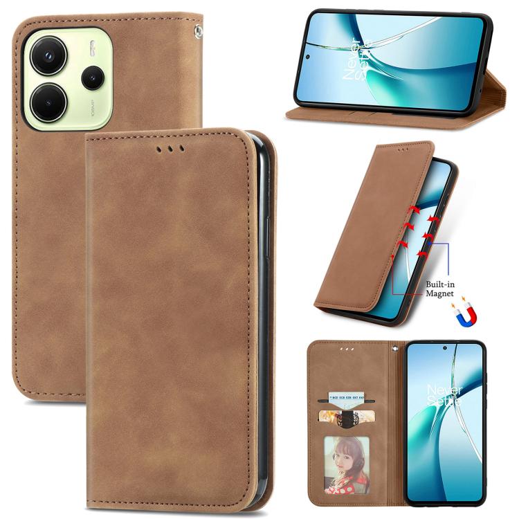 

For Redmi Note 14 4G 164.84mm Retro Skin Feel Magnetic Flip Leather Phone Case(Brown)