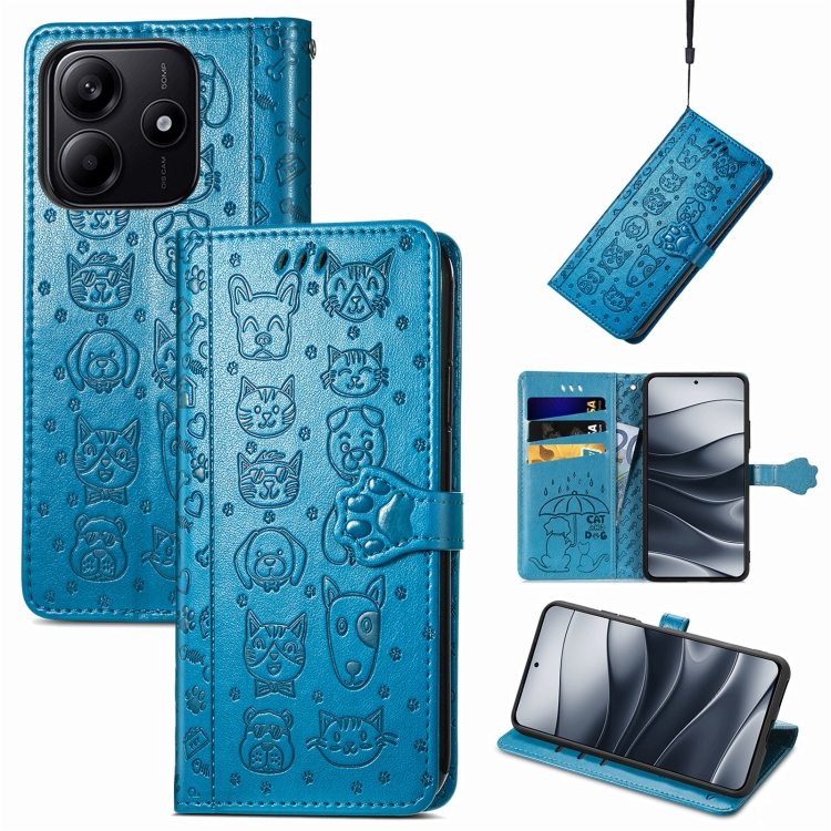 

For Xiaomi Redmi Note 14 5G Cat and Dog Embossed Leather Phone Case(Blue)