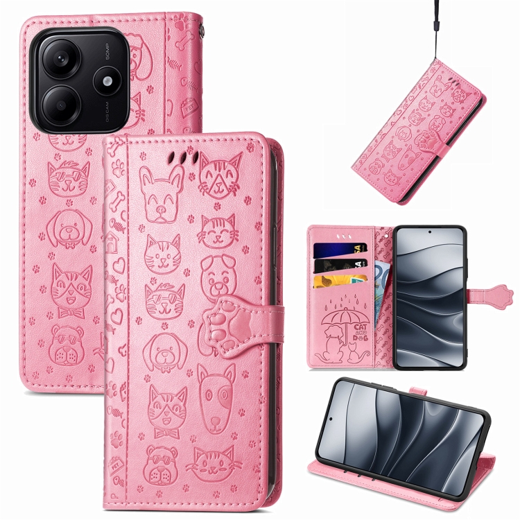 

For Xiaomi Redmi Note 14 5G Cat and Dog Embossed Leather Phone Case(Pink)