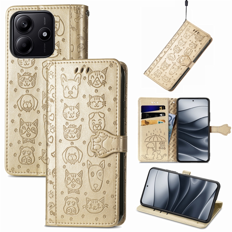

For Xiaomi Redmi Note 14 5G Cat and Dog Embossed Leather Phone Case(Gold)