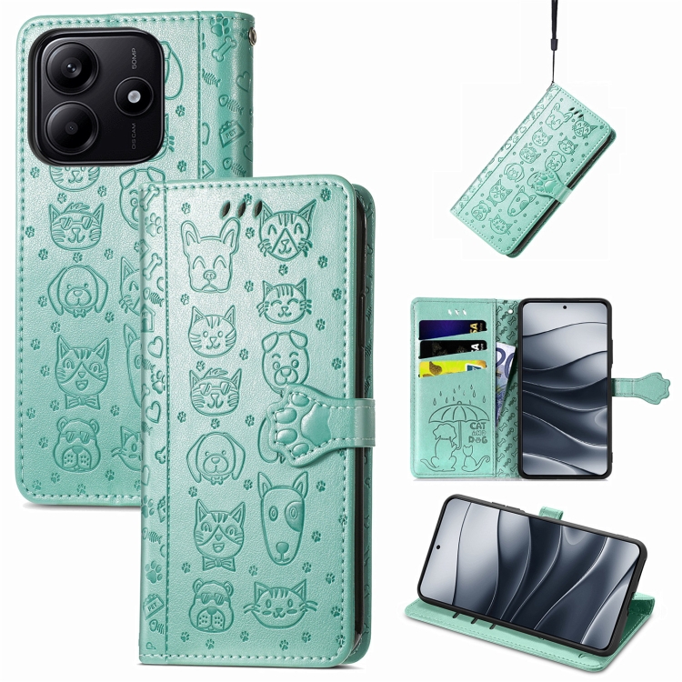 

For Xiaomi Redmi Note 14 5G Cat and Dog Embossed Leather Phone Case(Green)