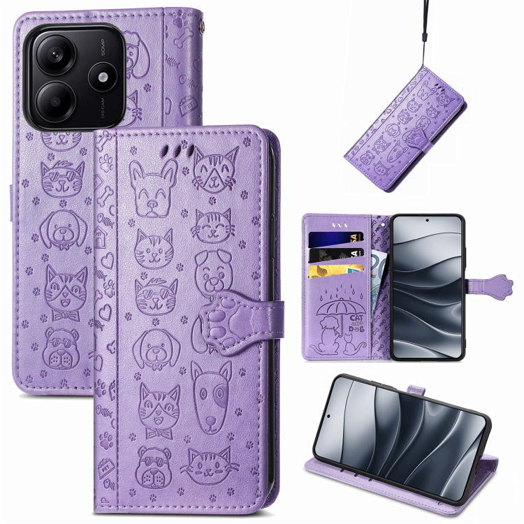 

For Xiaomi Redmi Note 14 5G Cat and Dog Embossed Leather Phone Case(Purple)