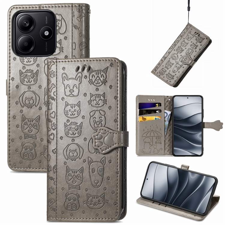 

For Xiaomi Redmi Note 14 5G Cat and Dog Embossed Leather Phone Case(Gray)