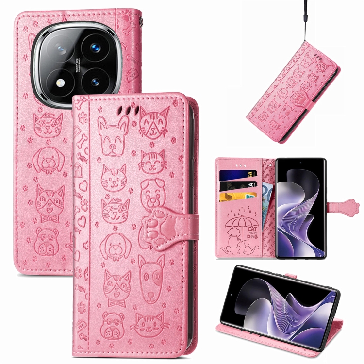 

For Xiaomi Redmi Note 14 Pro 5G Cat and Dog Embossed Leather Phone Case(Pink)