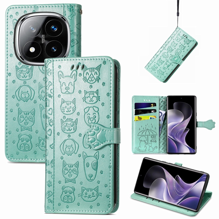 

For Xiaomi Redmi Note 14 Pro 5G Cat and Dog Embossed Leather Phone Case(Green)