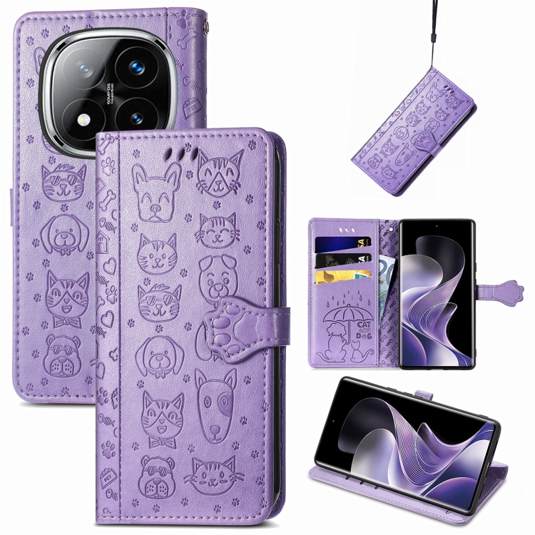 

For Xiaomi Redmi Note 14 Pro 5G Cat and Dog Embossed Leather Phone Case(Purple)