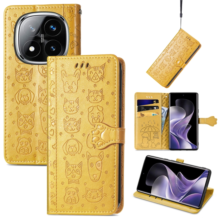 

For Xiaomi Redmi Note 14 Pro+ 5G Cat and Dog Embossed Leather Phone Case(Yellow)