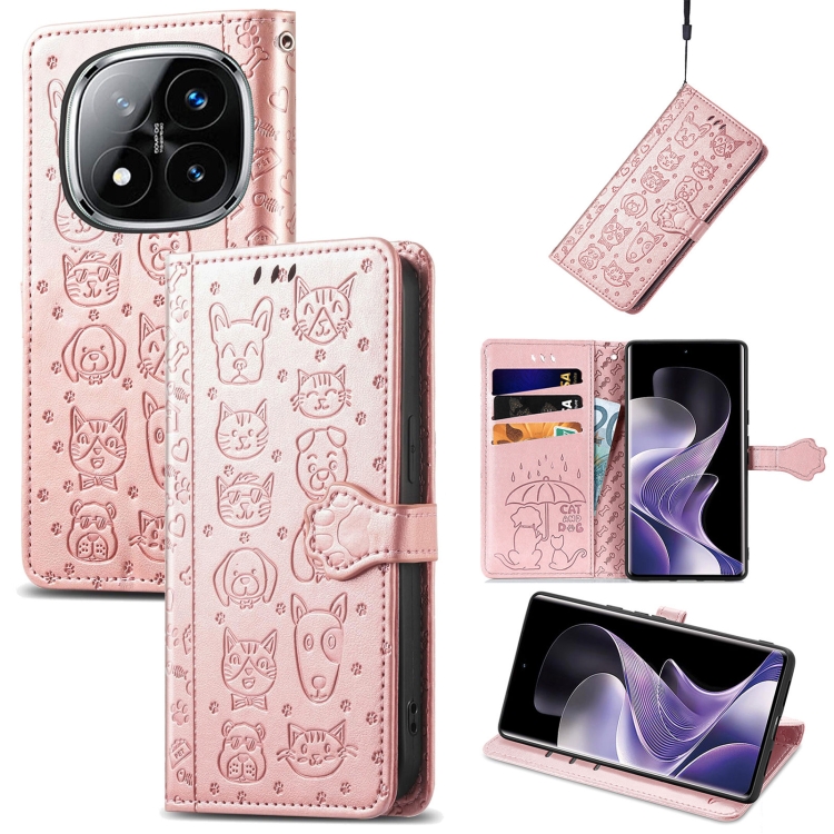 

For Xiaomi Redmi Note 14 Pro+ 5G Cat and Dog Embossed Leather Phone Case(Rose Gold)