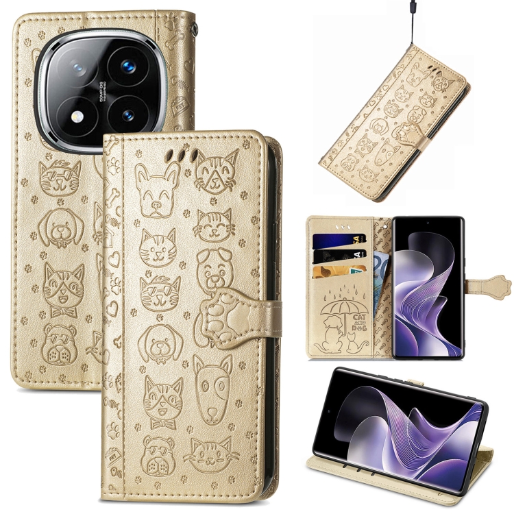 

For Xiaomi Redmi Note 14 Pro+ 5G Cat and Dog Embossed Leather Phone Case(Gold)