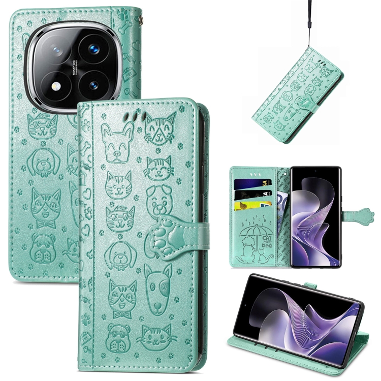 

For Xiaomi Redmi Note 14 Pro+ 5G Cat and Dog Embossed Leather Phone Case(Green)