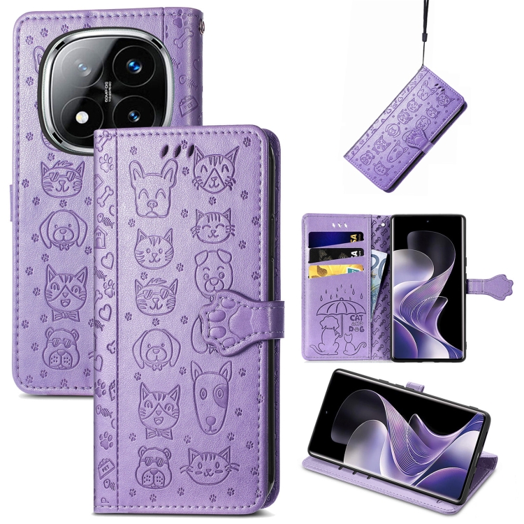 

For Xiaomi Redmi Note 14 Pro+ 5G Cat and Dog Embossed Leather Phone Case(Purple)