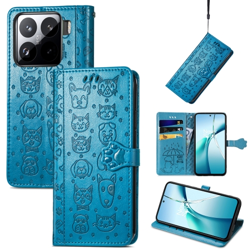 

For Xiaomi 15 Cat and Dog Embossed Leather Phone Case(Blue)