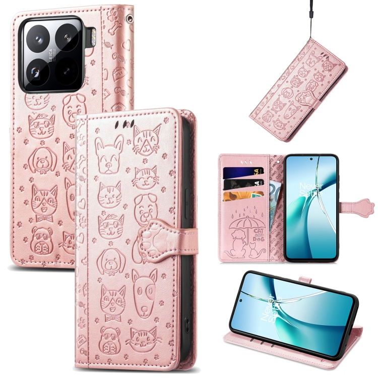 

For Xiaomi 15 Cat and Dog Embossed Leather Phone Case(Rose Gold)