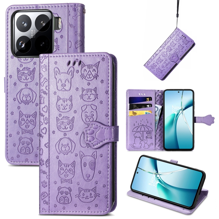 

For Xiaomi 15 Cat and Dog Embossed Leather Phone Case(Purple)