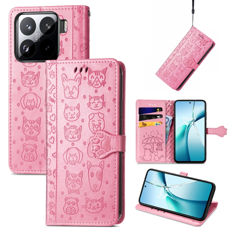 

For Xiaomi 15 Pro Cat and Dog Embossed Leather Phone Case(Pink)