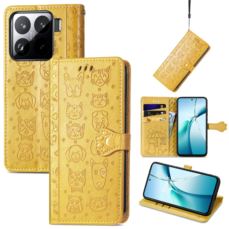 

For Xiaomi 15 Pro Cat and Dog Embossed Leather Phone Case(Yellow)
