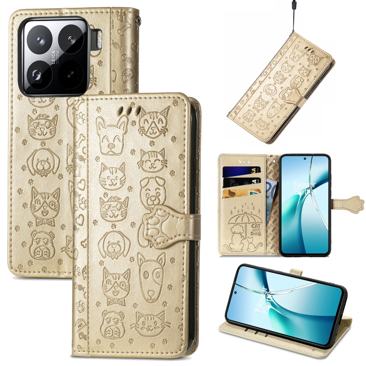 

For Xiaomi 15 Pro Cat and Dog Embossed Leather Phone Case(Gold)