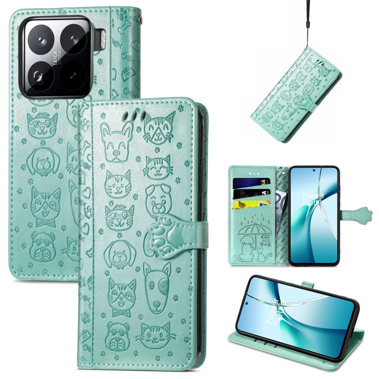 

For Xiaomi 15 Pro Cat and Dog Embossed Leather Phone Case(Green)