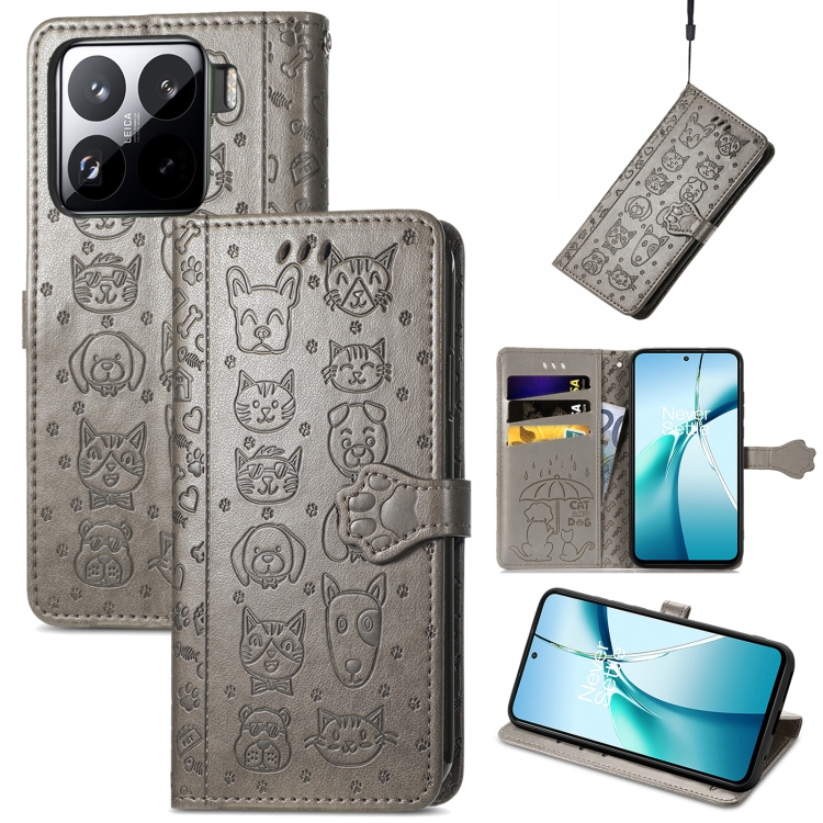 

For Xiaomi 15 Pro Cat and Dog Embossed Leather Phone Case(Gray)