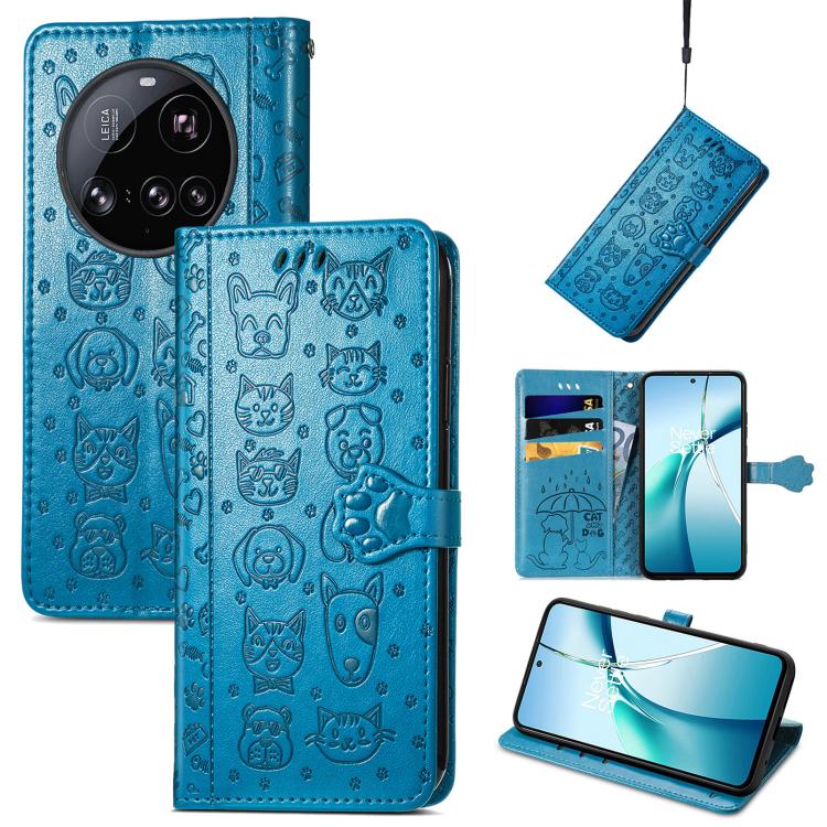 

For Xiaomi 15 Ultra Cat and Dog Embossed Leather Phone Case(Blue)