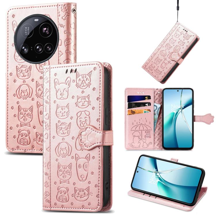 

For Xiaomi 15 Ultra Cat and Dog Embossed Leather Phone Case(Rose Gold)
