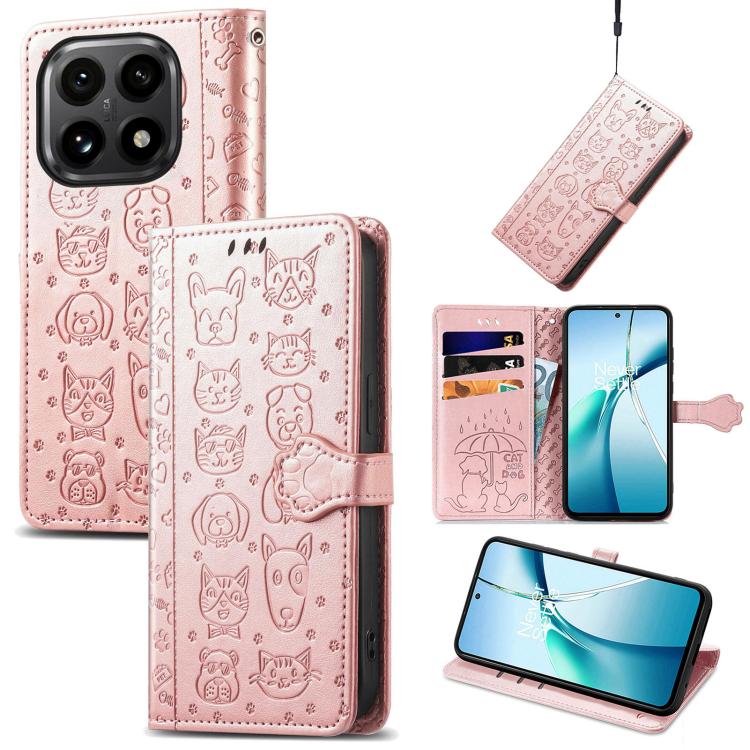 

For Xiaomi 15T Cat and Dog Embossed Leather Phone Case(Rose Gold)