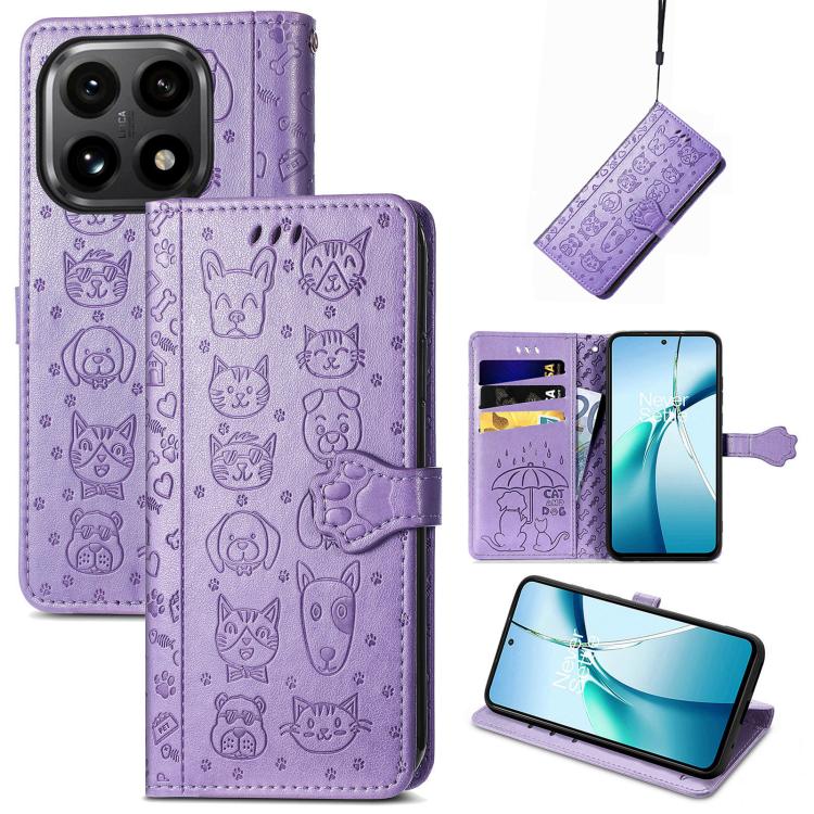 

For Xiaomi 15T Cat and Dog Embossed Leather Phone Case(Purple)