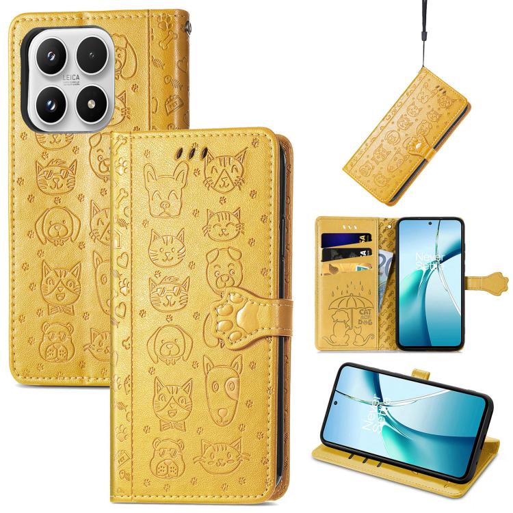

For Xiaomi 17 Cat and Dog Embossed Leather Phone Case(Yellow)